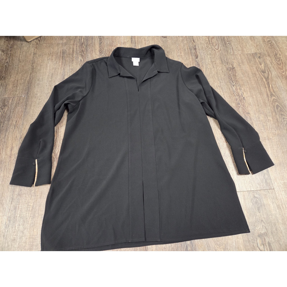 Chico's Flowy Solid Black Tunic Blouse Long Collared Neck Size 3 - XL 16/18